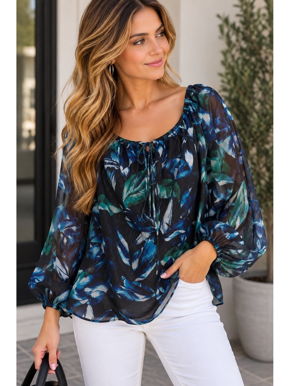 White House Black Market Sheer Floral Blouse Size M